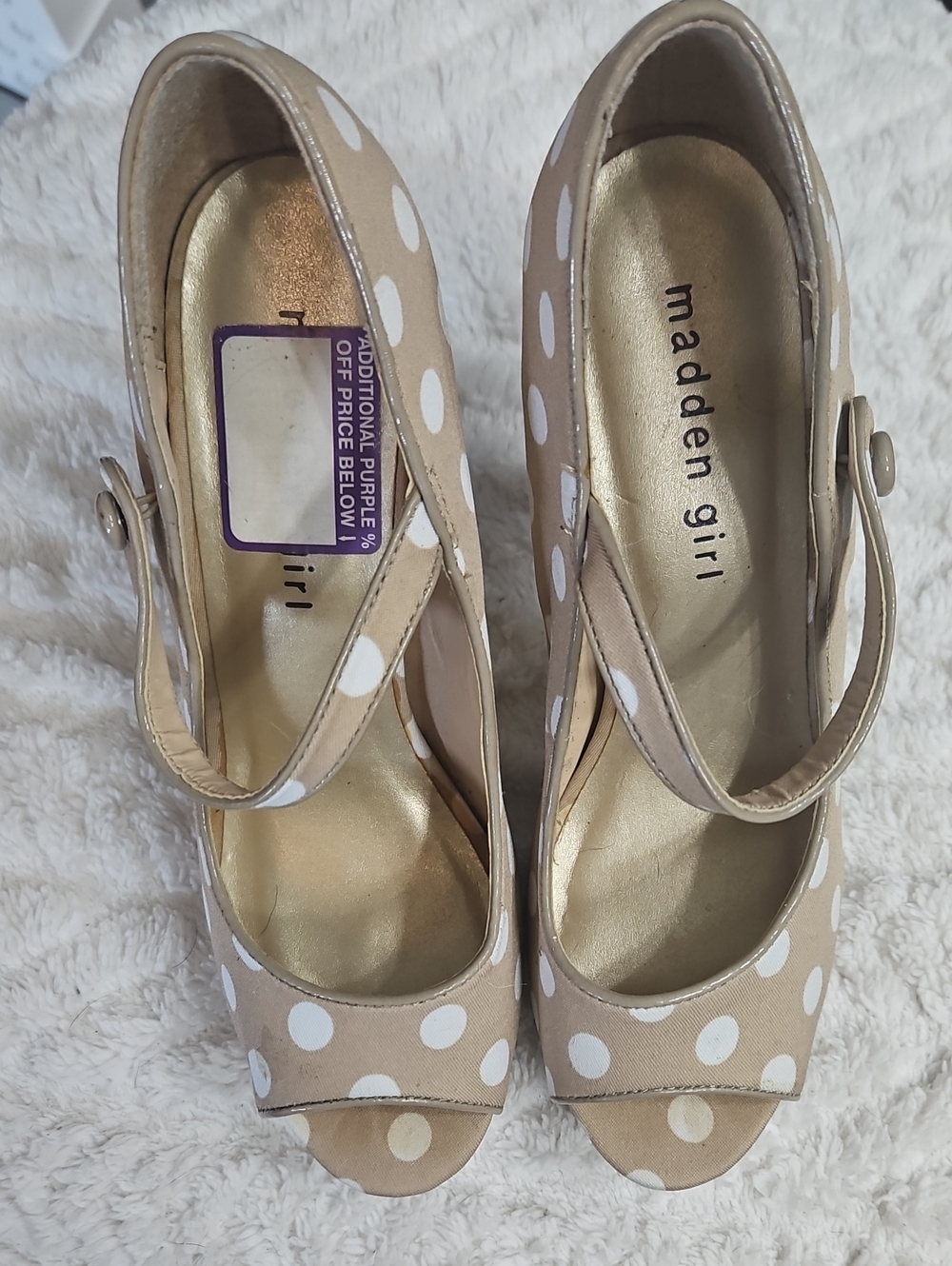 Madden Girl Beige and White Polka Dot Peep Toe  Heels with Mary Jane Strap